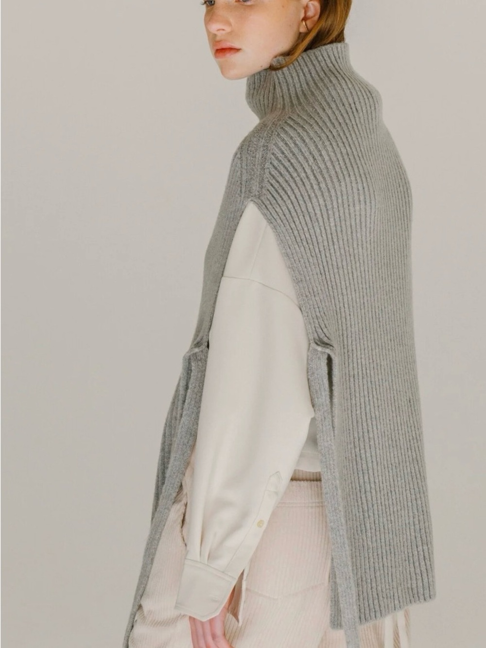Mijeong Park - Ribbed Funnel Neck Knit Poncho - Light Gray - Picture 2 of 7